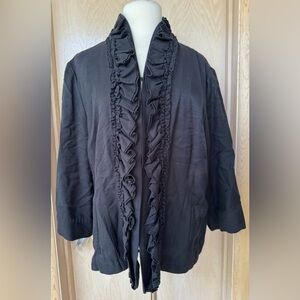 Chicos Ruffle Open Front Cardigan Size XL Black 3/4 Long Sleeve Cotton Cashmere